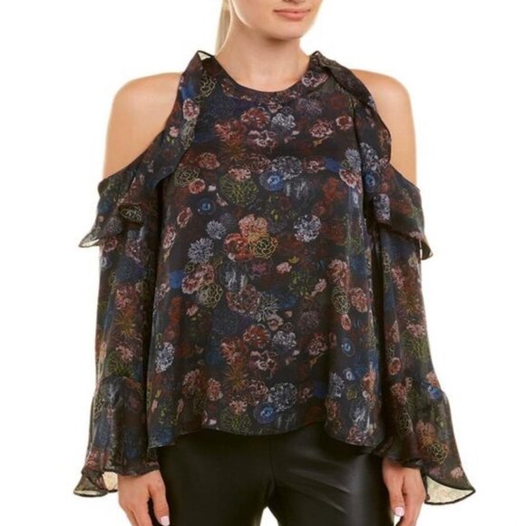 IRO Size 36 Small 100% Silk Floral Cold Shoulder Top Long Ruffled Sleeves Ciclan - Picture 1 of 11